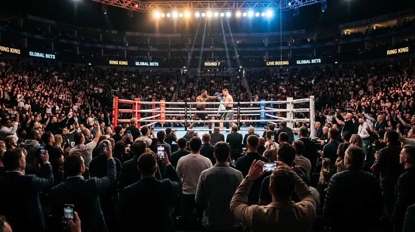 Publico siguiendo un combate de boxeo en vivo desde las gradas de un pabellon