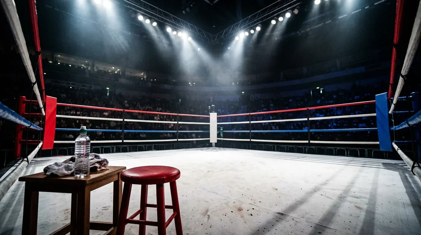 Esquina de un ring de boxeo profesional con banqueta y cuerdas entre asaltos