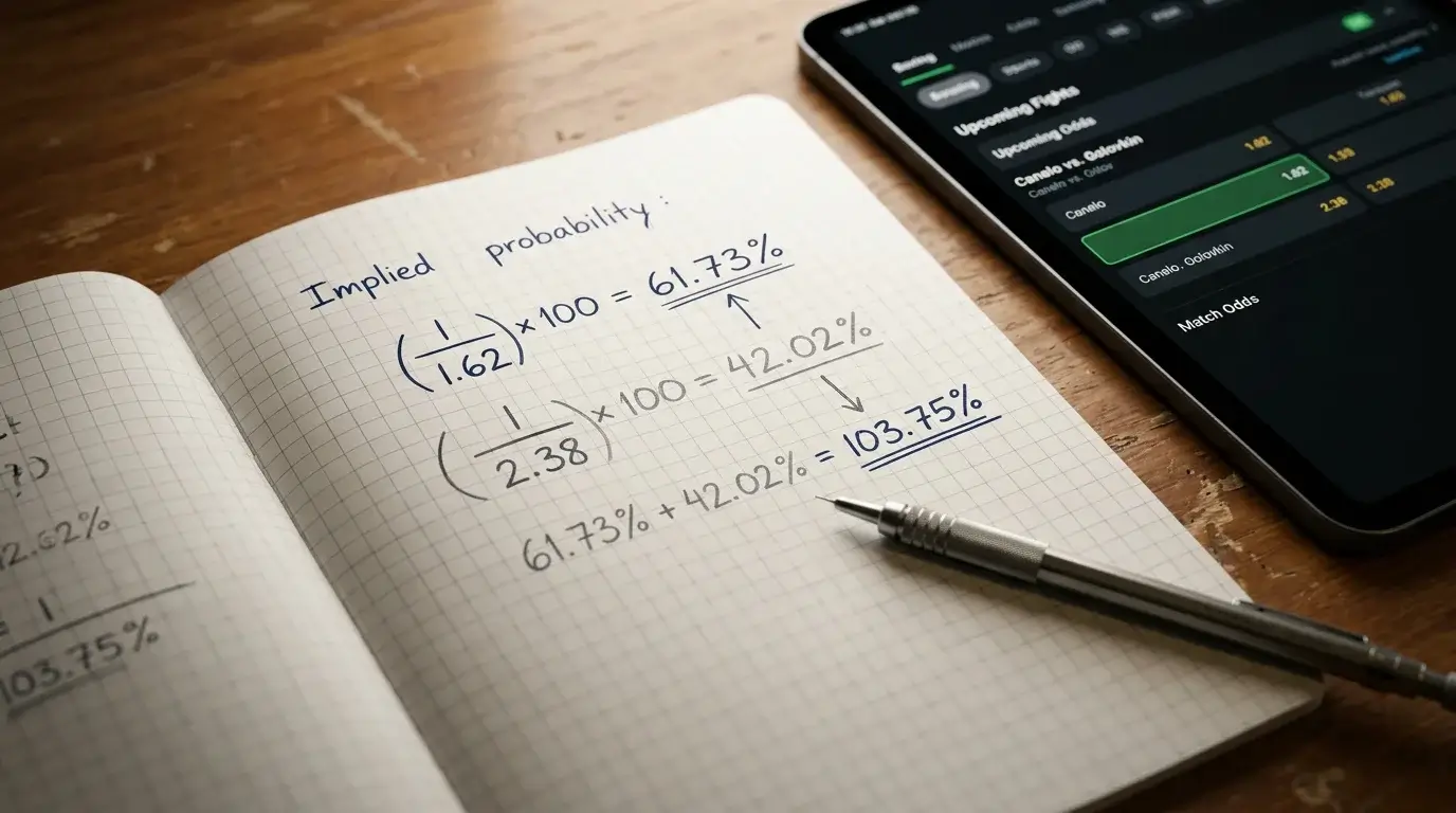 Libreta con calculos de probabilidad implicita junto a una pantalla con cuotas de boxeo