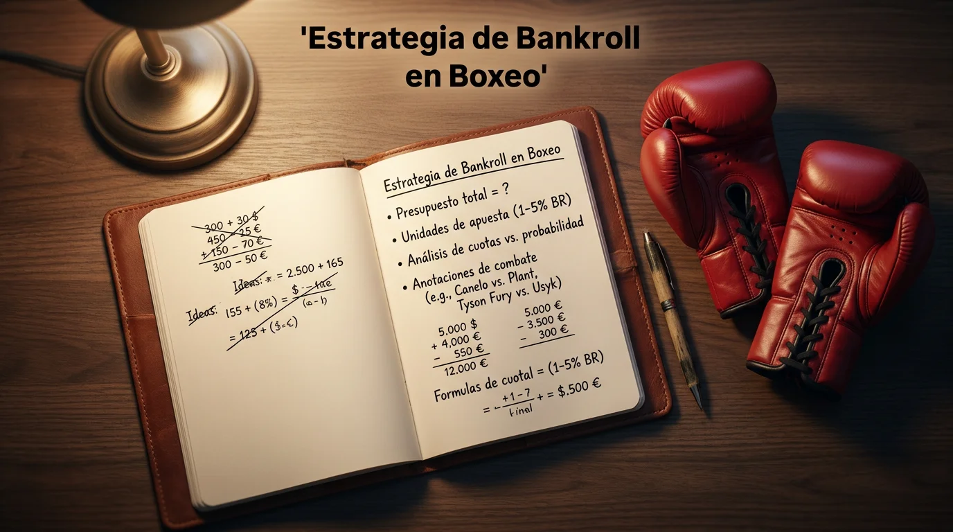 Cuaderno con cálculos de gestión de bankroll junto a guantes de boxeo