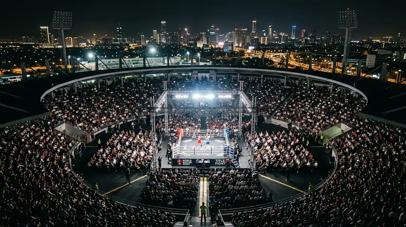 Vista aérea de un gran estadio deportivo iluminado durante una velada de boxeo nocturna