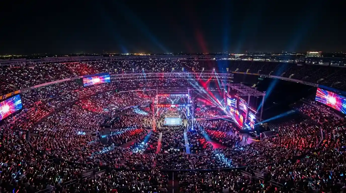 Estadio La Cartuja lleno de espectadores durante una velada de boxeo de influencers
